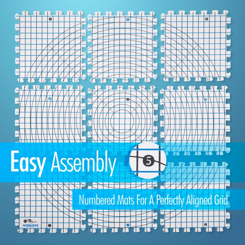 WOOLOVE Blocking Mats for Wet and Steam Blocking with Grids and Radial Circles for Curved Projects - 1 cm Thickness - Set of 9 Marked with Numbers Includes 50 t pins and Storage Bag - Image 2
